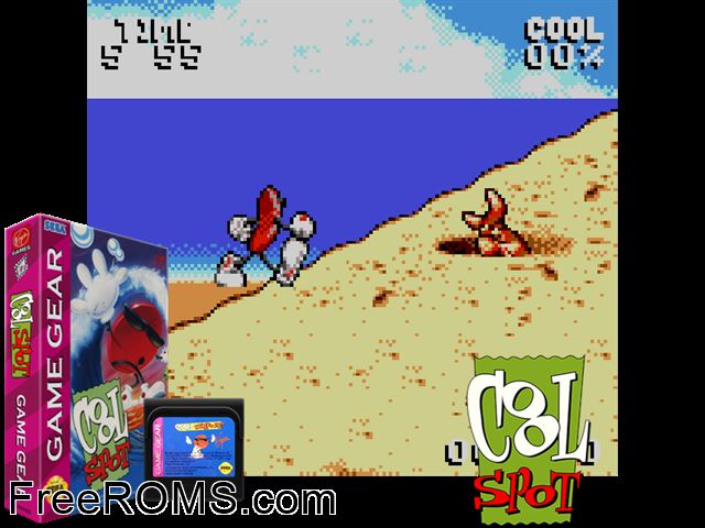 Cool Spot Game Gear game showing 3D box cover and gameplay screenshot